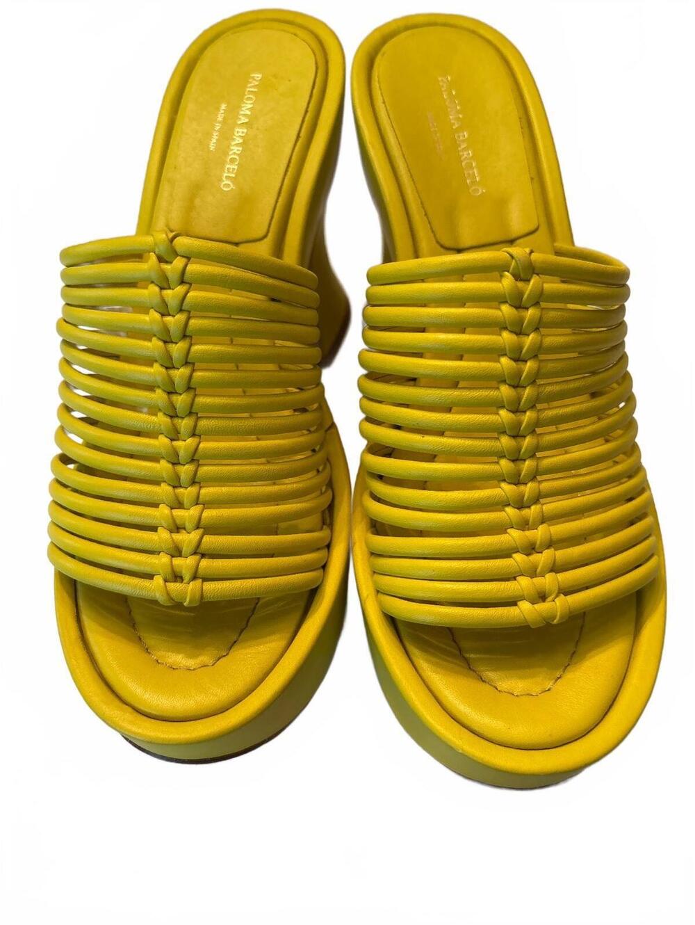 Paloma Barcelo made in Spain Yellow Woven Leather Heeled Sandals 40/9-9.5 - Picture 1 of 11